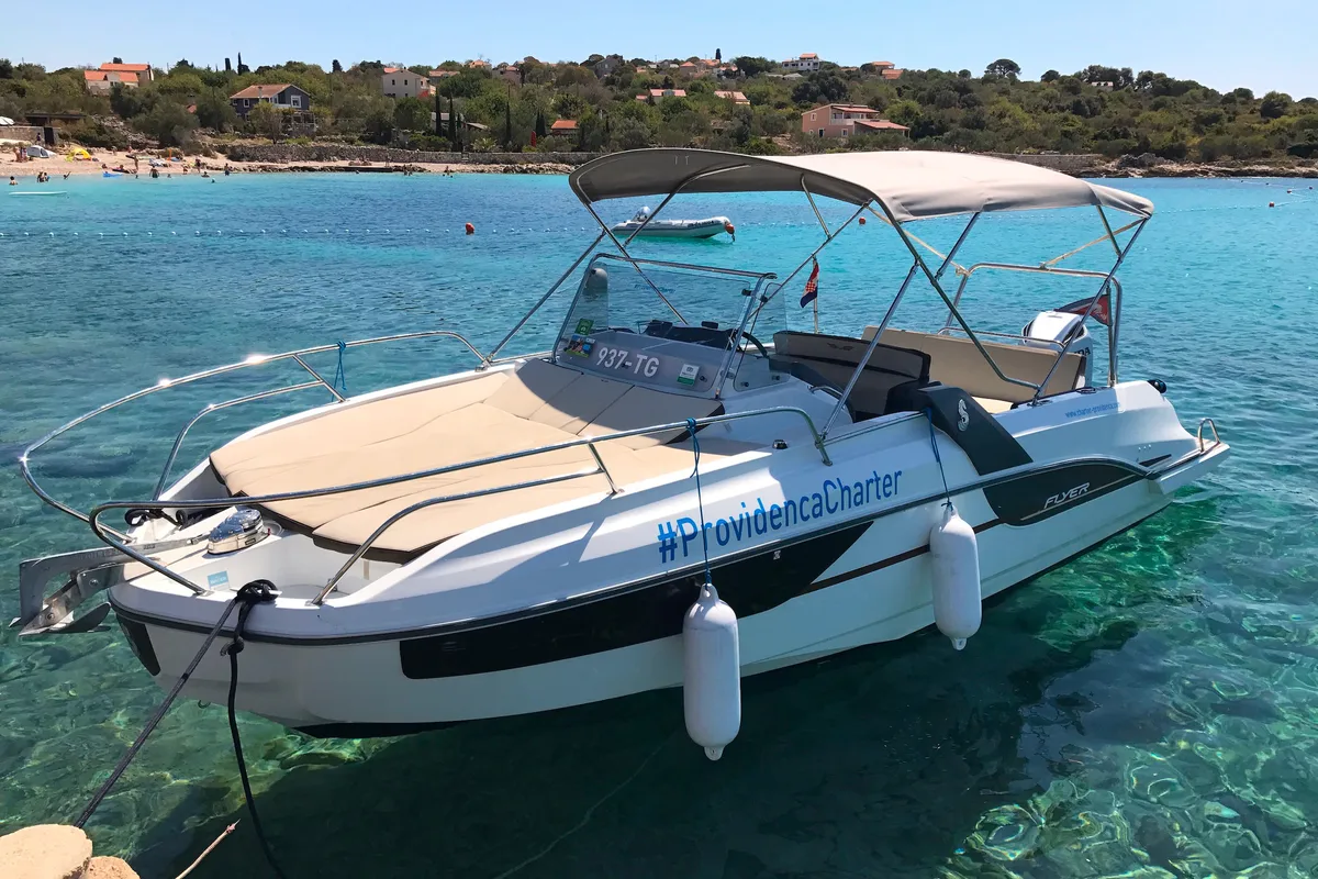 Exterior view of SUNdeck, a Beneteau Flyer 7.7 SUNdeck motorboat at Grad Trogir, Croatia
