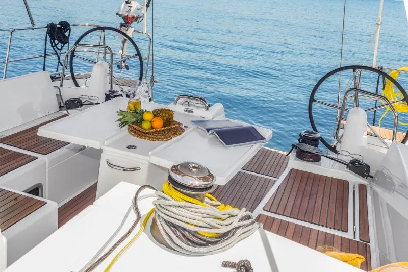 Deck of OSEJAVA, a Jeanneau Sun Odyssey 490 sailboat at Split, Croatia