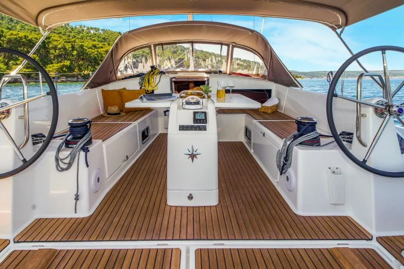 Cockpit of OSEJAVA, a Jeanneau Sun Odyssey 490 sailboat at Split, Croatia