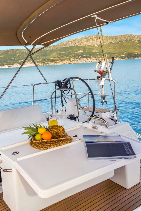 Deck of OSEJAVA, a Jeanneau Sun Odyssey 490 sailboat at Split, Croatia