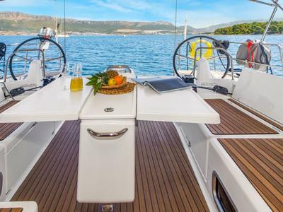 Cockpit of OSEJAVA, a Jeanneau Sun Odyssey 490 sailboat at Split, Croatia