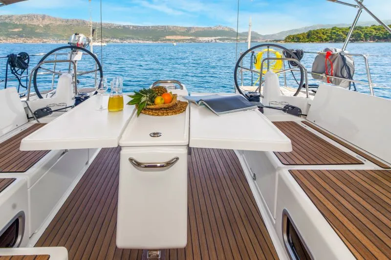 Cockpit of OSEJAVA, a Jeanneau Sun Odyssey 490 sailboat at Split, Croatia