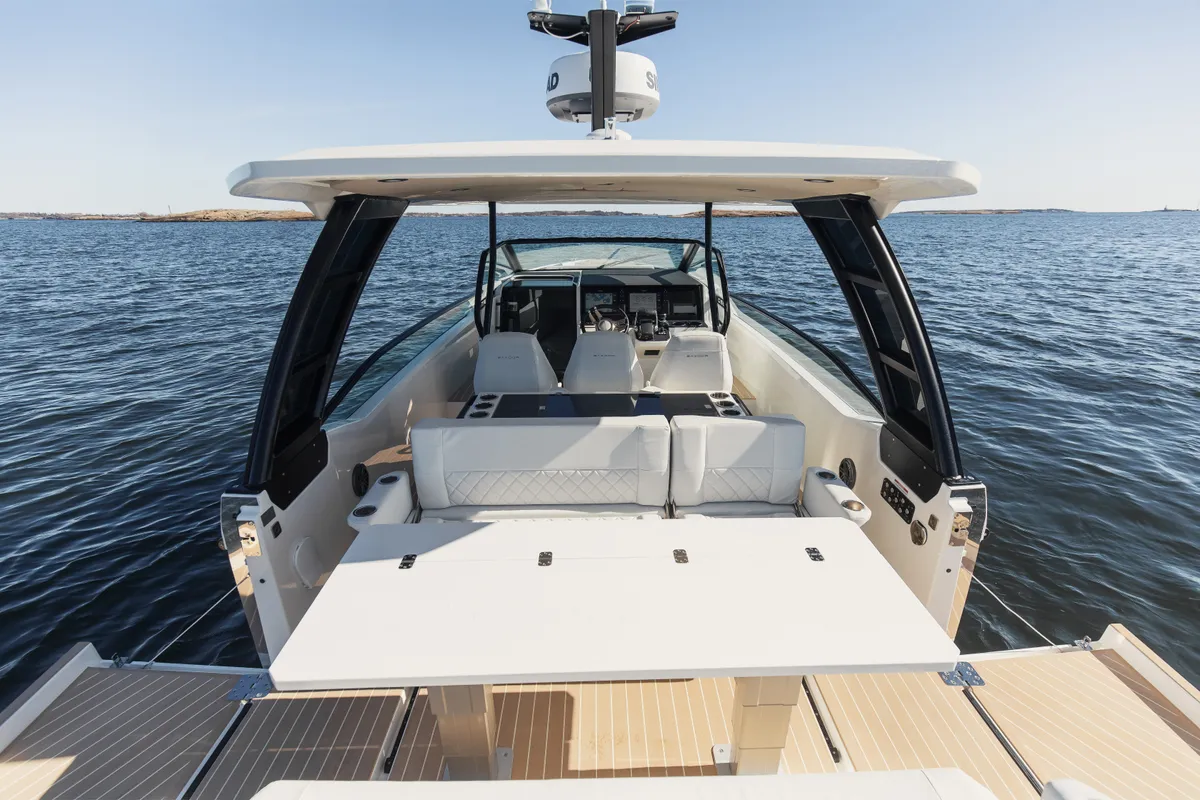 LEVIATHAN, a Saxdor 320 GTO motorboat at Sitges, Spain