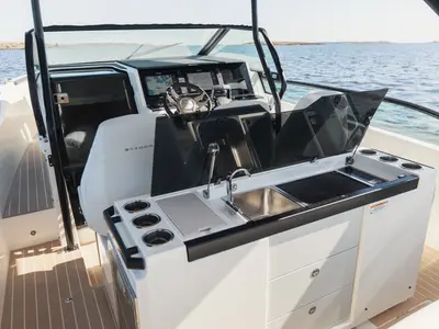 Cockpit of LEVIATHAN, a Saxdor 320 GTO motorboat at Sitges, Spain