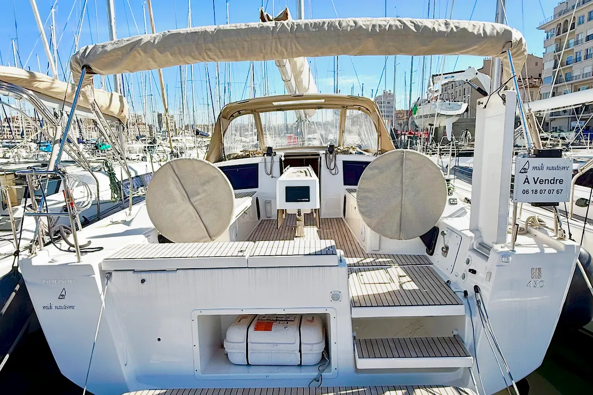 Deck of Julianna, a Dufour 430 GL sailboat at Marseille, France