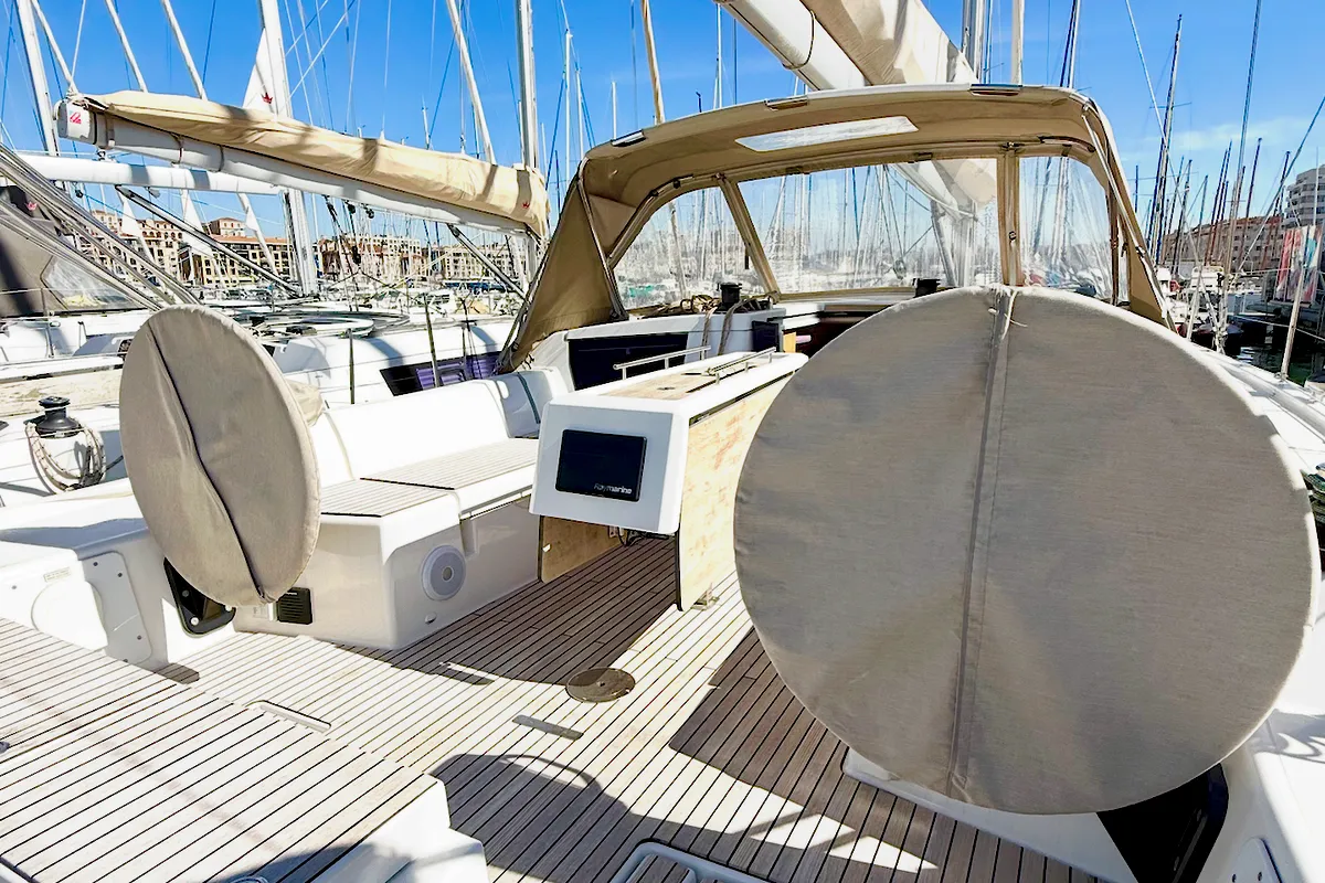 Deck of Julianna, a Dufour 430 GL sailboat at Marseille, France