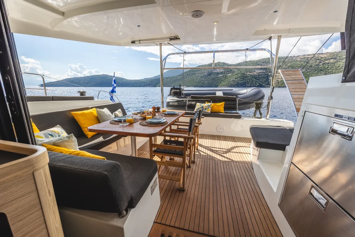 Deck of LUNA, a Lagoon 42 catamaran at Municipal Unit of Lefkada, Greece