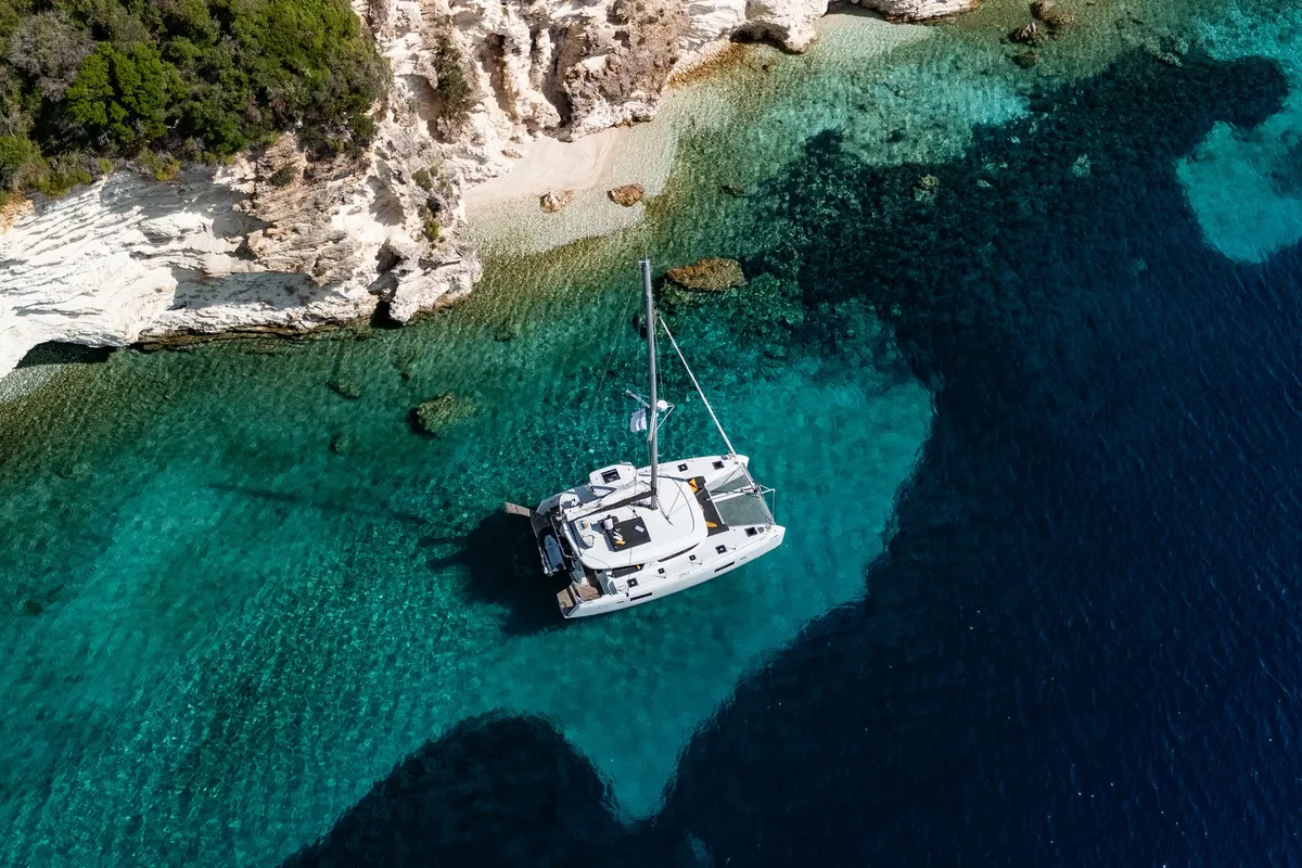 Exterior view of LUNA, a Lagoon 42 catamaran at Municipal Unit of Lefkada, Greece