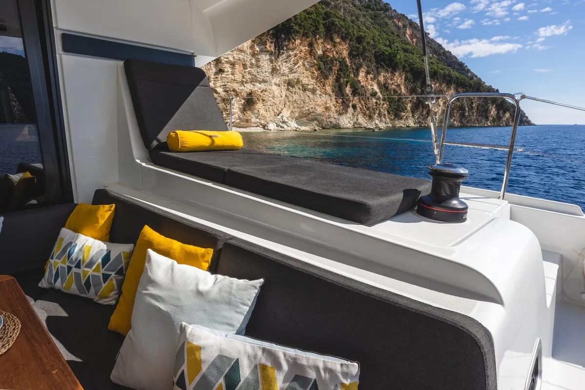 Deck of LUNA, a Lagoon 42 catamaran at Municipal Unit of Lefkada, Greece