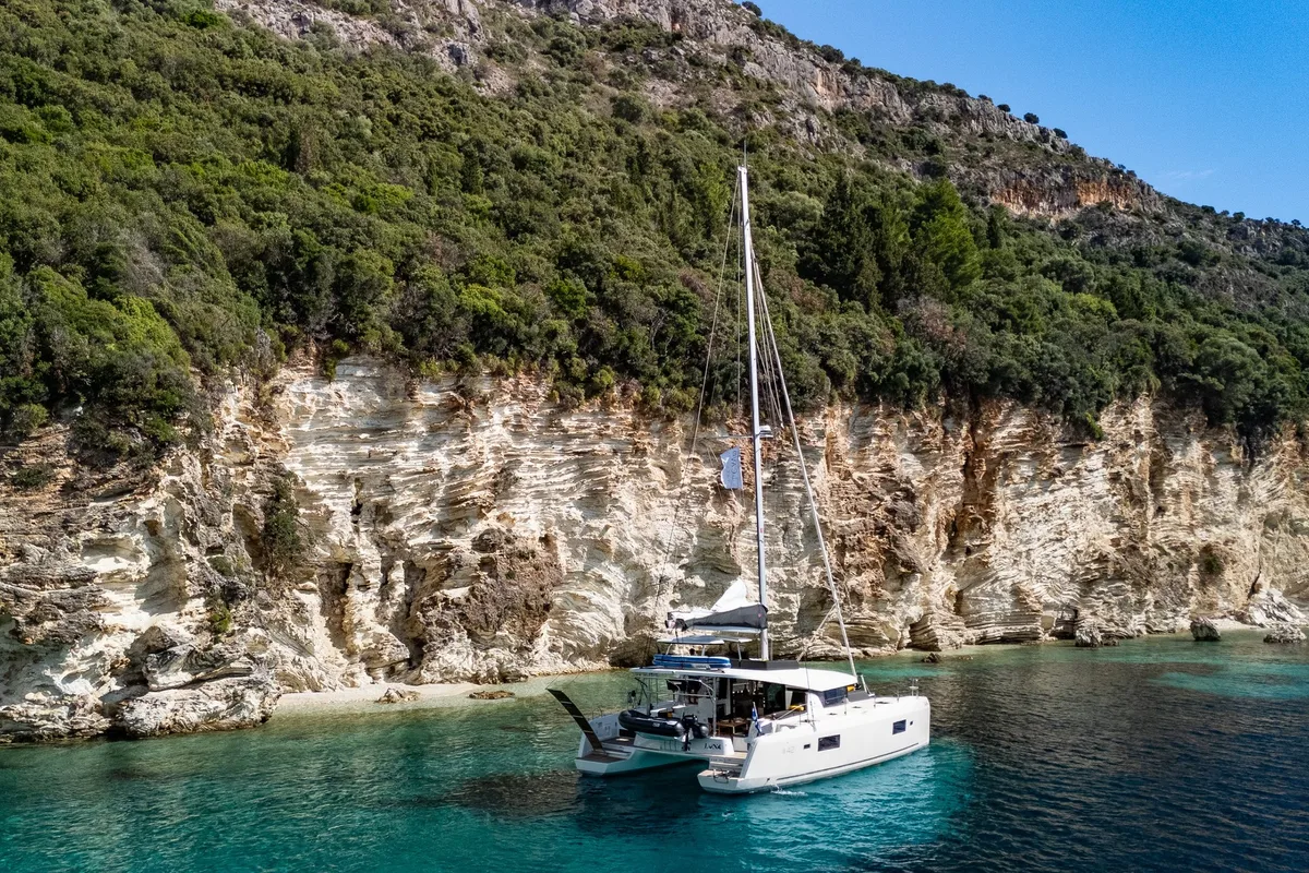 Exterior view of LUNA, a Lagoon 42 catamaran at Municipal Unit of Lefkada, Greece