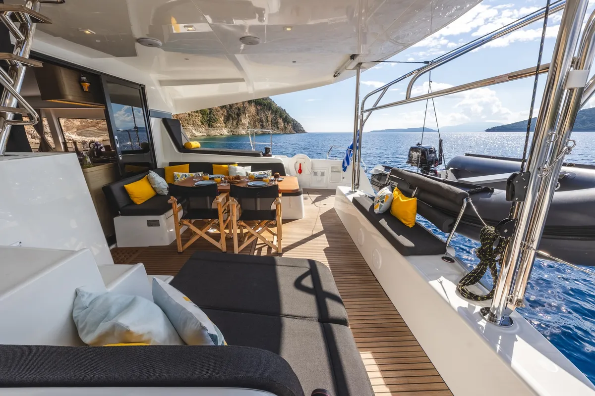 Deck of LUNA, a Lagoon 42 catamaran at Municipal Unit of Lefkada, Greece