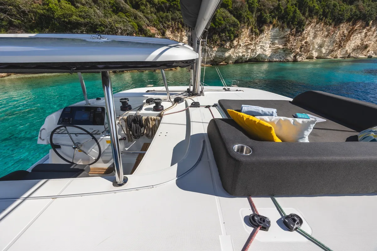 Cockpit of LUNA, a Lagoon 42 catamaran at Municipal Unit of Lefkada, Greece