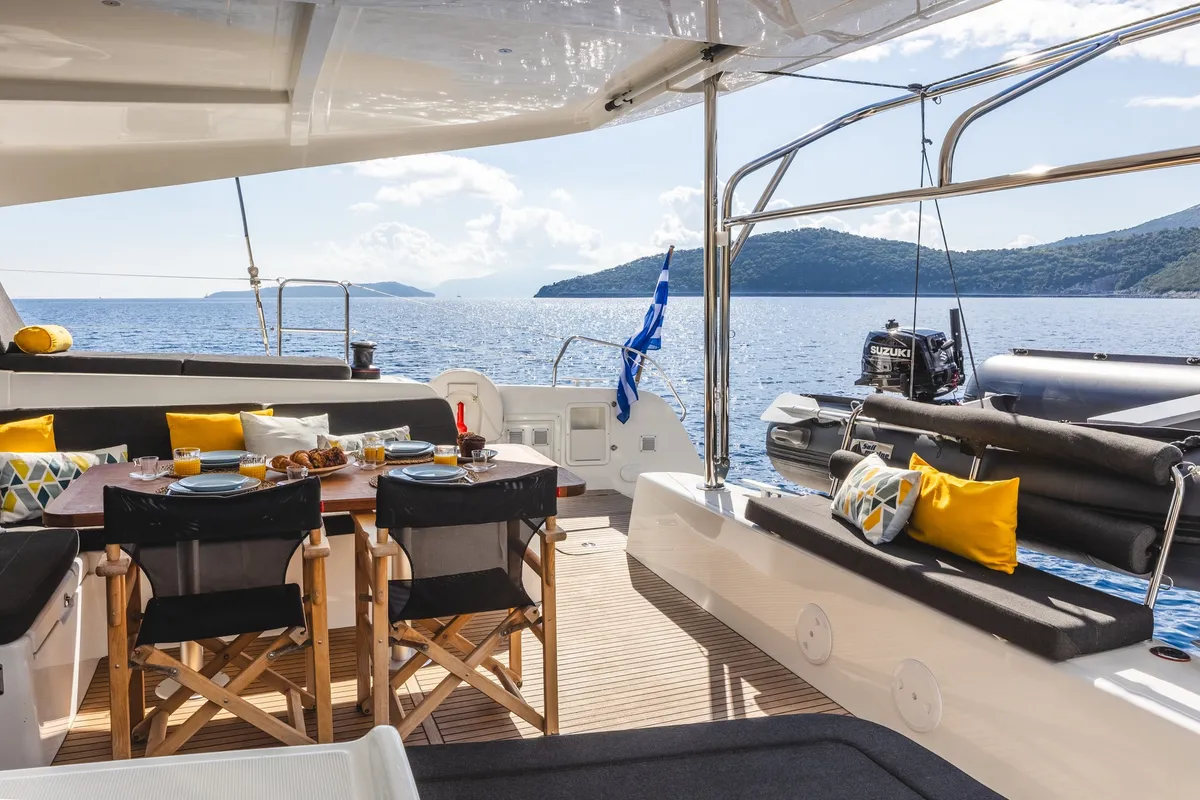 Deck of LUNA, a Lagoon 42 catamaran at Municipal Unit of Lefkada, Greece