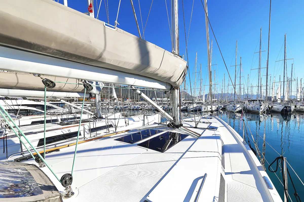 Exterior view of Lorelei, a Hanse 455 sailboat at Grad Kaštela, Croatia