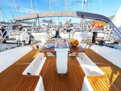 Deck of Lorelei, a Hanse 455 sailboat at Grad Kaštela, Croatia