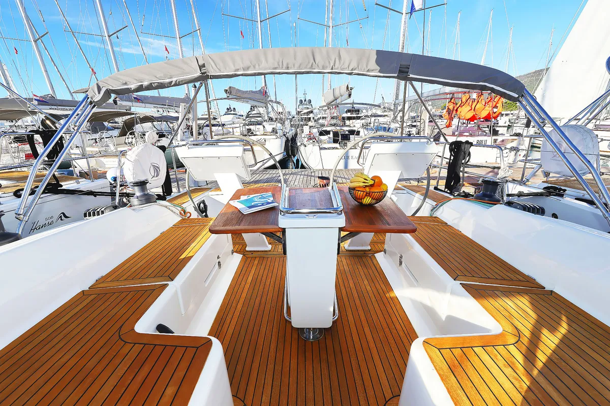 Deck of Lorelei, a Hanse 455 sailboat at Grad Kaštela, Croatia