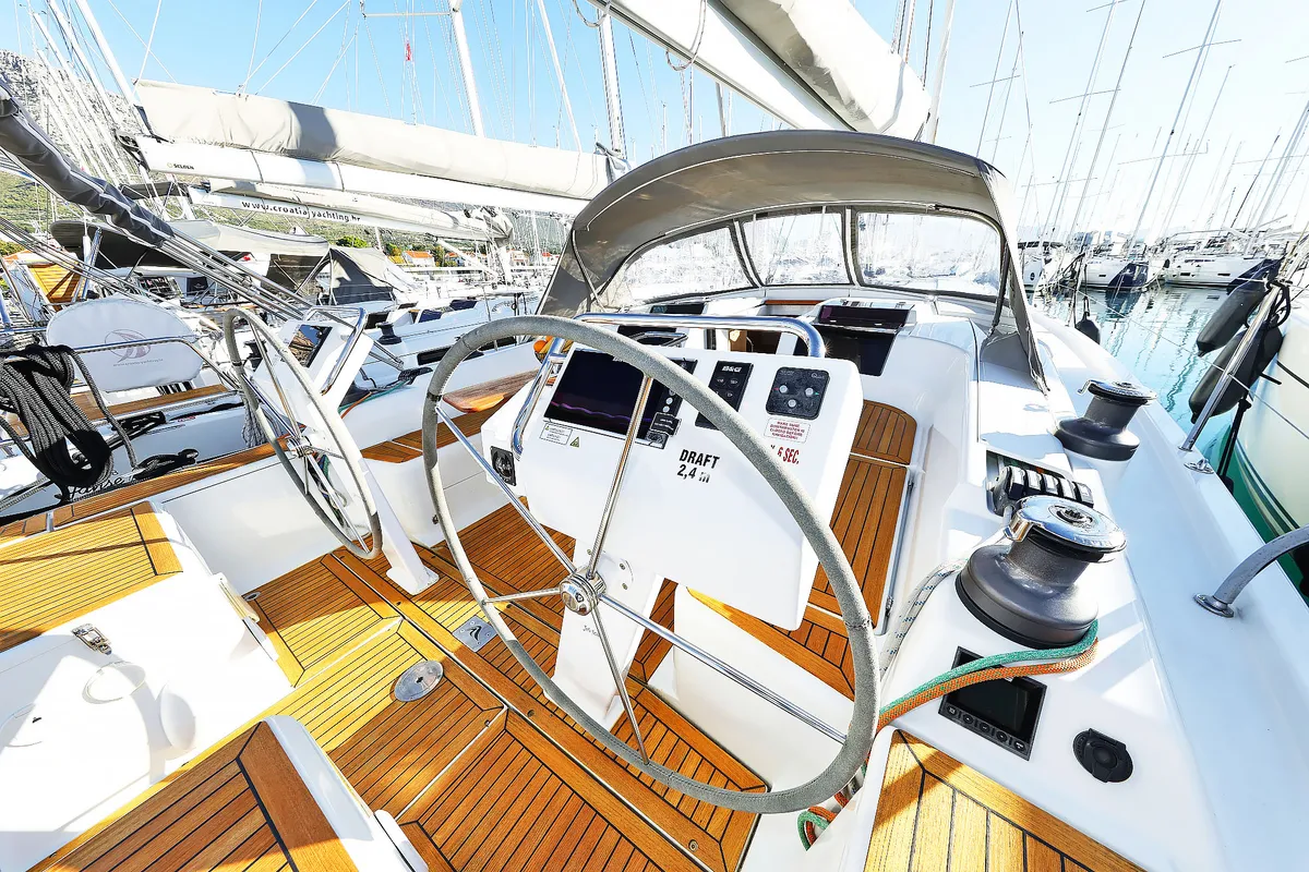 Cockpit of Lorelei, a Hanse 455 sailboat at Grad Kaštela, Croatia
