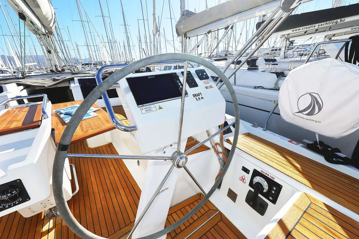 Cockpit of Lorelei, a Hanse 455 sailboat at Grad Kaštela, Croatia