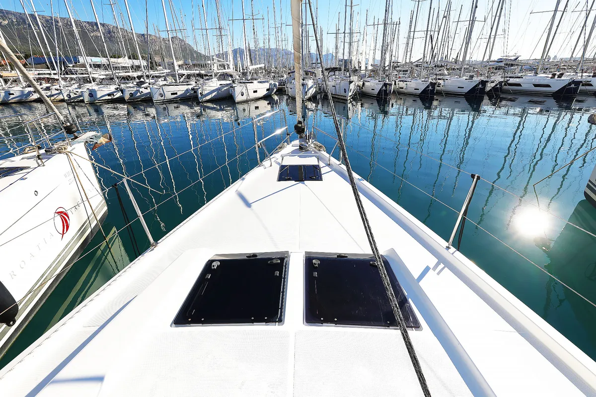 Exterior view of Lorelei, a Hanse 455 sailboat at Grad Kaštela, Croatia