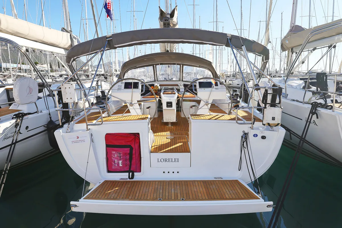 Exterior view of Lorelei, a Hanse 455 sailboat at Grad Kaštela, Croatia
