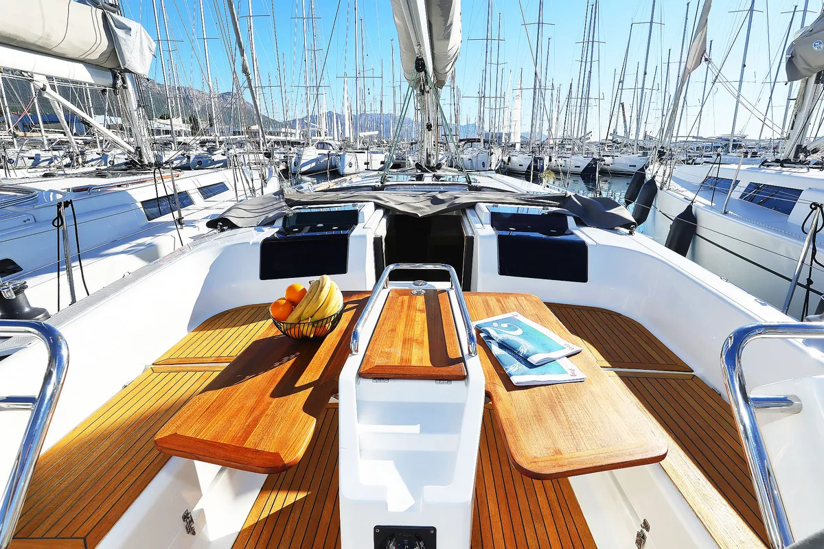 Deck of Lorelei, a Hanse 455 sailboat at Grad Kaštela, Croatia