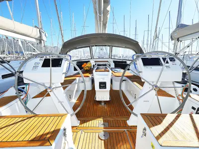 Cockpit of Lorelei, a Hanse 455 sailboat at Grad Kaštela, Croatia