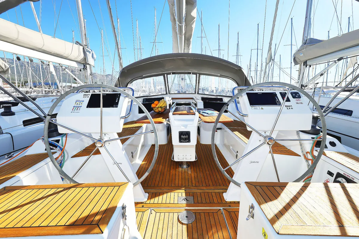 Cockpit of Lorelei, a Hanse 455 sailboat at Grad Kaštela, Croatia