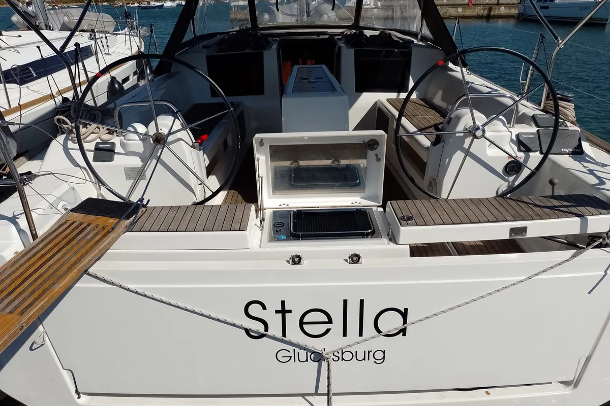 Cockpit of Stella, a Dufour 412 GL sailboat at Grad Pula, Croatia