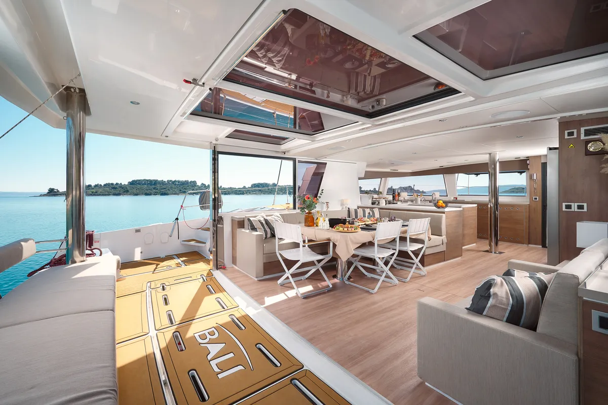 Salon of JOŽA, a Bali 5.4 catamaran at Grad Trogir, Croatia