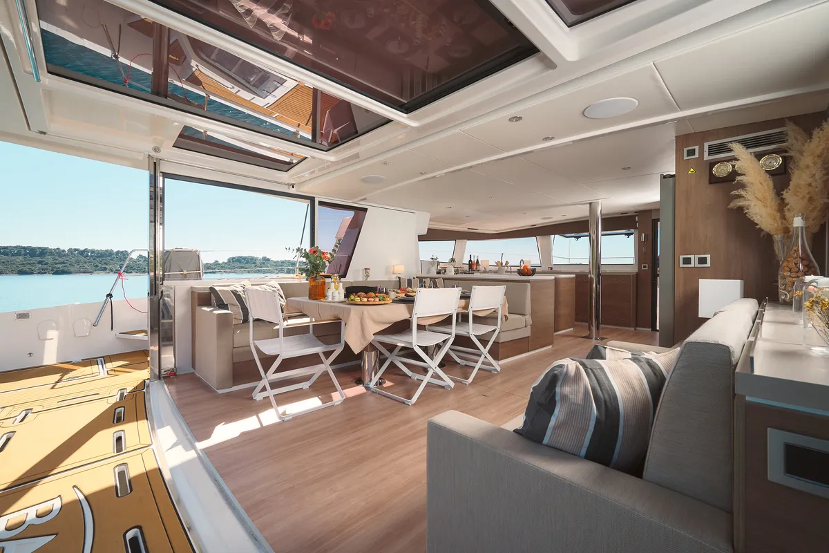Deck of JOŽA, a Bali 5.4 catamaran at Grad Trogir, Croatia