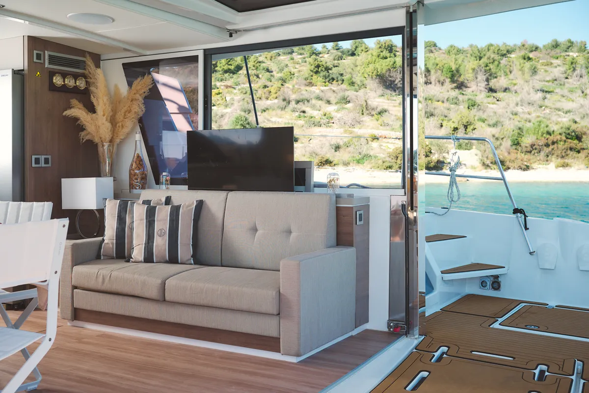 Salon of JOŽA, a Bali 5.4 catamaran at Grad Trogir, Croatia