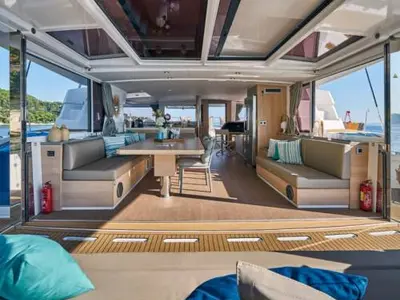 Salon of JOŽA, a Bali 5.4 catamaran at Grad Trogir, Croatia