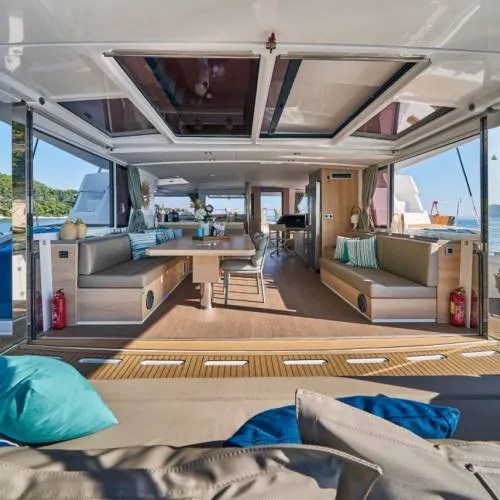 Salon of JOŽA, a Bali 5.4 catamaran at Grad Trogir, Croatia