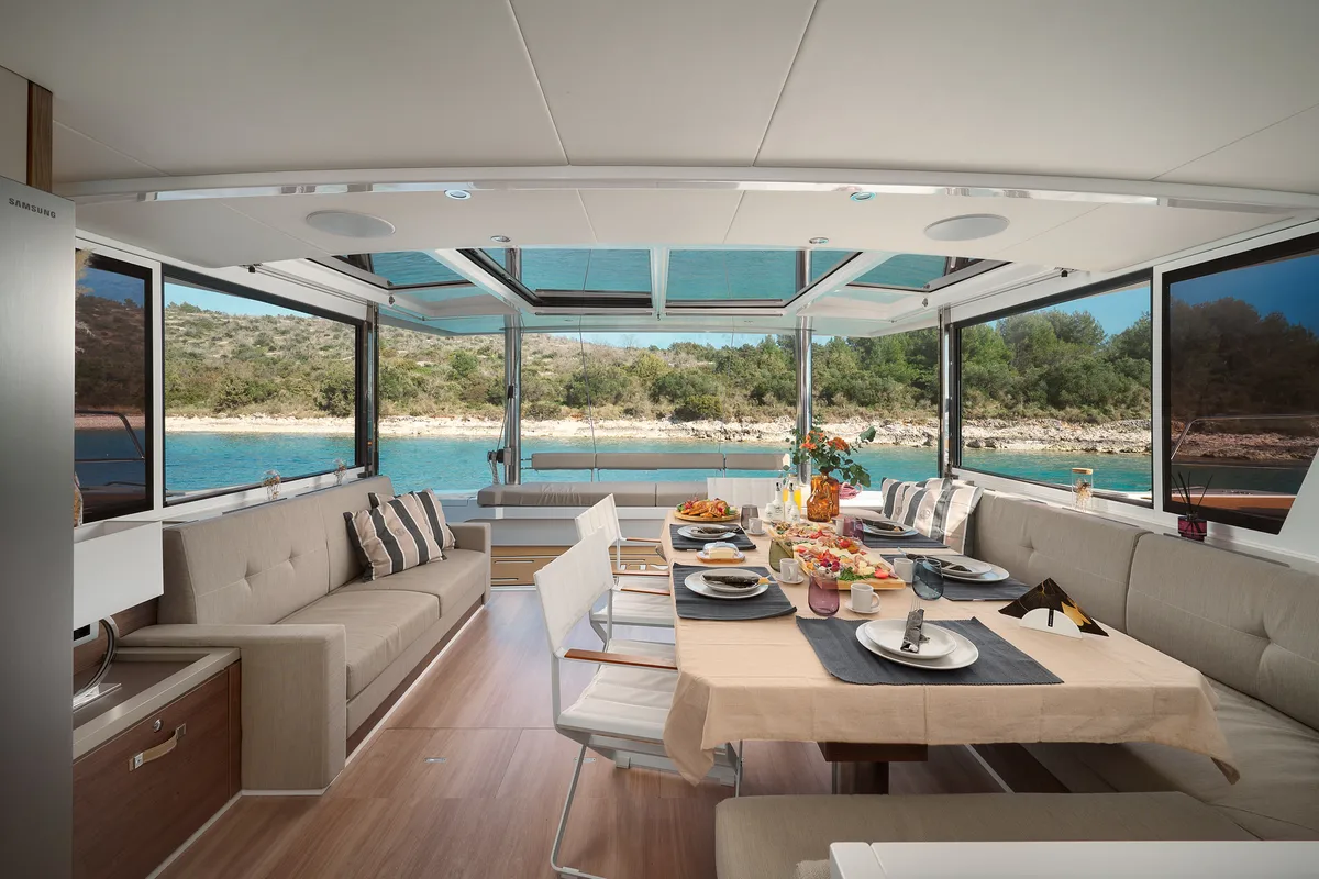 Salon of JOŽA, a Bali 5.4 catamaran at Grad Trogir, Croatia