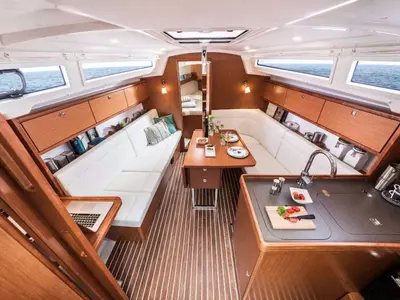 Salon of Just Enjoy, a Bavaria Cruiser 34 sailboat at Portoferraio, Italy