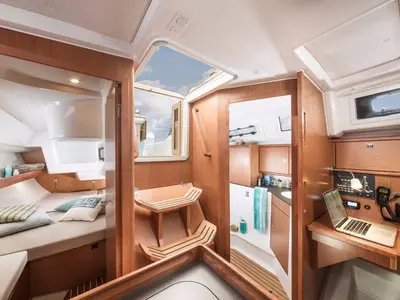 Cabin on Just Enjoy, a Bavaria Cruiser 34 sailboat at Portoferraio, Italy