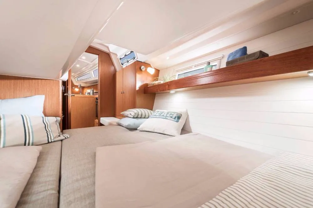 Cabin on Just Enjoy, a Bavaria Cruiser 34 sailboat at Portoferraio, Italy