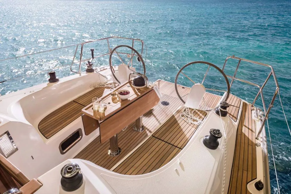 Cockpit of Just Enjoy, a Bavaria Cruiser 34 sailboat at Portoferraio, Italy