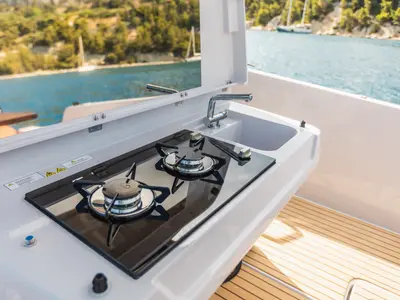 Deck of 22, a Gulet Ryck 280 motorboat at Grad Trogir, Croatia