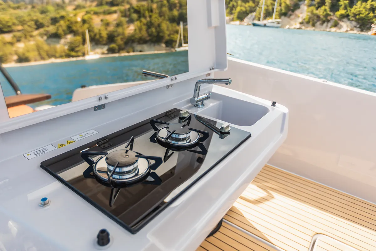 Deck of 22, a Gulet Ryck 280 motorboat at Grad Trogir, Croatia