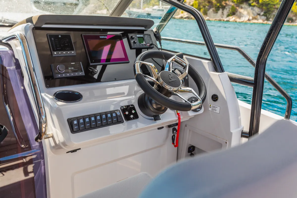 Cockpit of 22, a Gulet Ryck 280 motorboat at Grad Trogir, Croatia