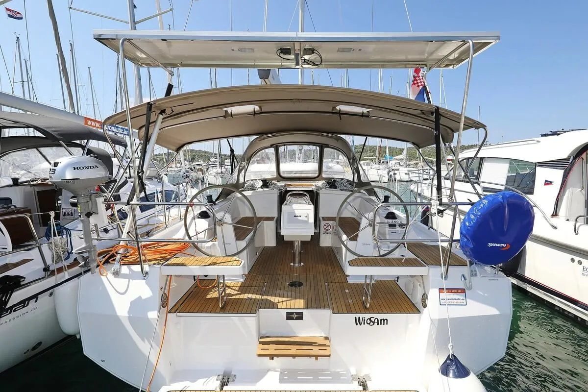Cockpit of WioSam, a Bavaria C38 sailboat at Biograd na Moru, Croatia