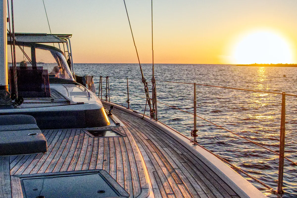 Deck of Aequus, a Bavaria C57 sailboat at Olbia, Italy