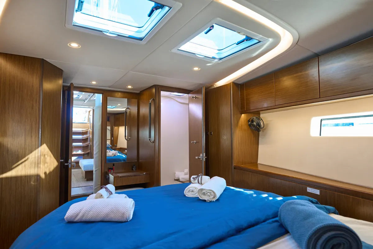 Exterior view of Aequus, a Bavaria C57 sailboat at Olbia, Italy