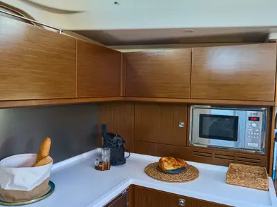 Galley of Aequus, a Bavaria C57 sailboat at Olbia, Italy