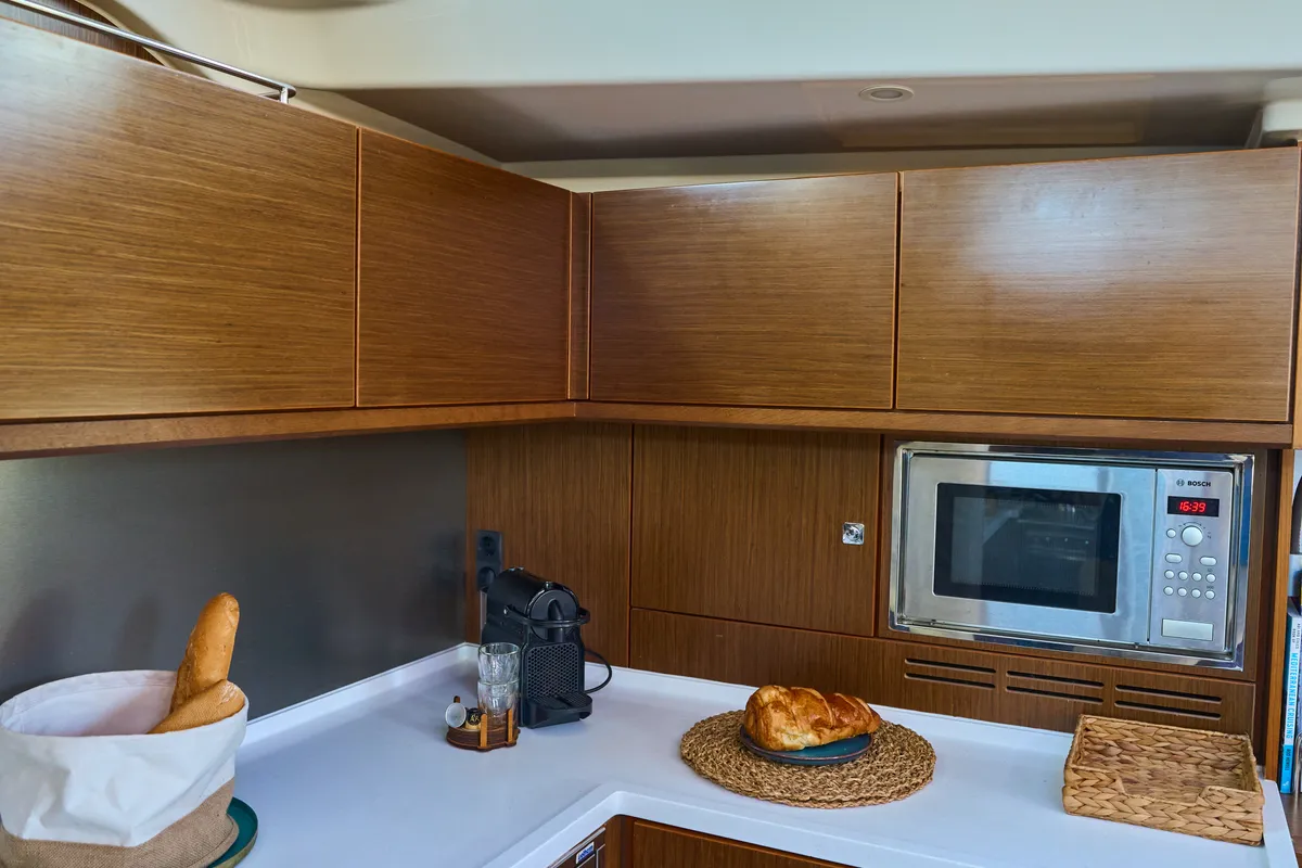 Galley of Aequus, a Bavaria C57 sailboat at Olbia, Italy