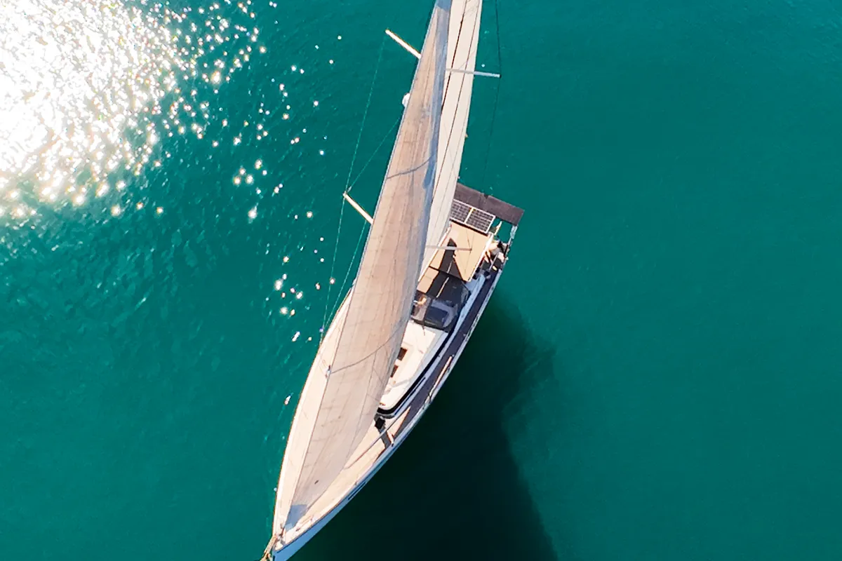 Deck of Aequus, a Bavaria C57 sailboat at Olbia, Italy