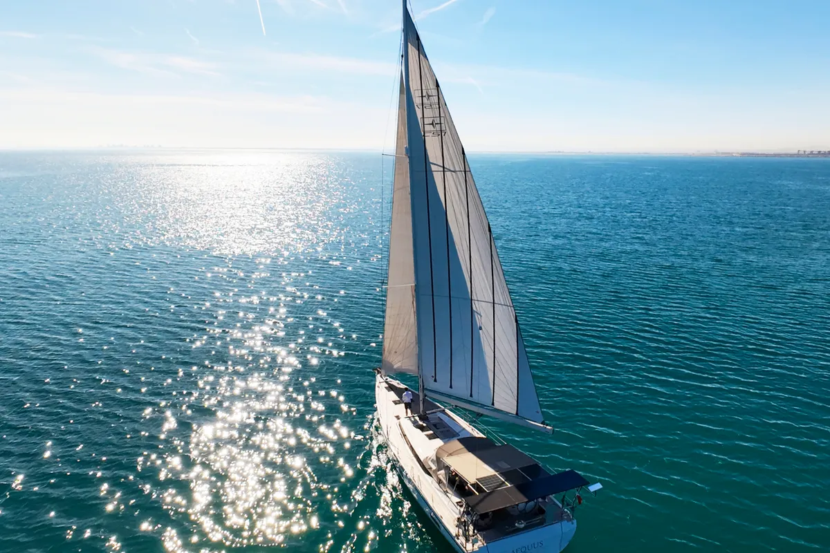 Exterior view of Aequus, a Bavaria C57 sailboat at Olbia, Italy