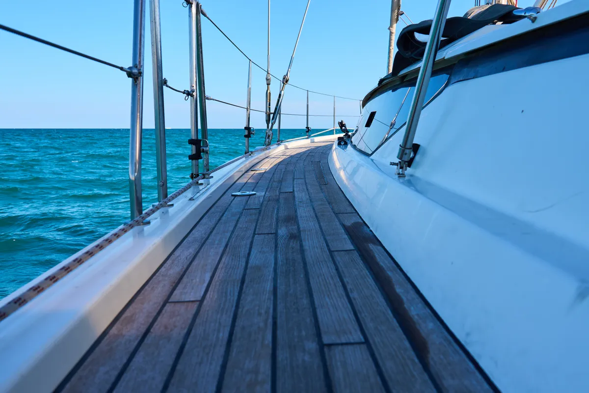 Deck of Aequus, a Bavaria C57 sailboat at Olbia, Italy