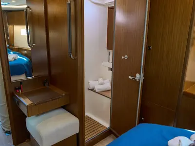 Deck of Aequus, a Bavaria C57 sailboat at Olbia, Italy